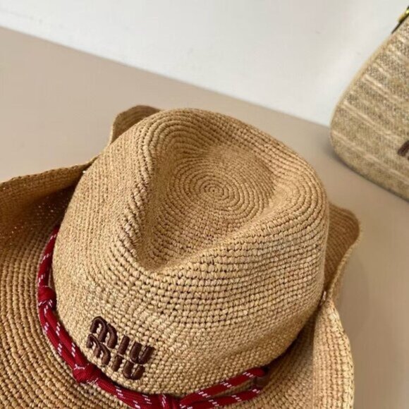 Women Red Accent Miu Miu Hat | Woven Raffia Summer Essential Straw Hat - Picture 6 of 8